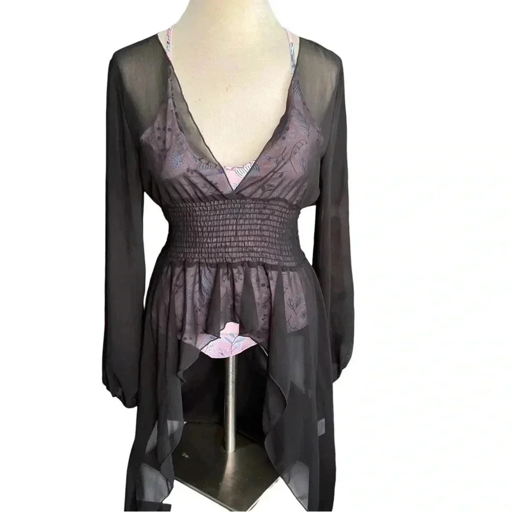 Black Asymmetrical Deep-V Sheer Swim Coverup Dress with Elastic Waist- Medium